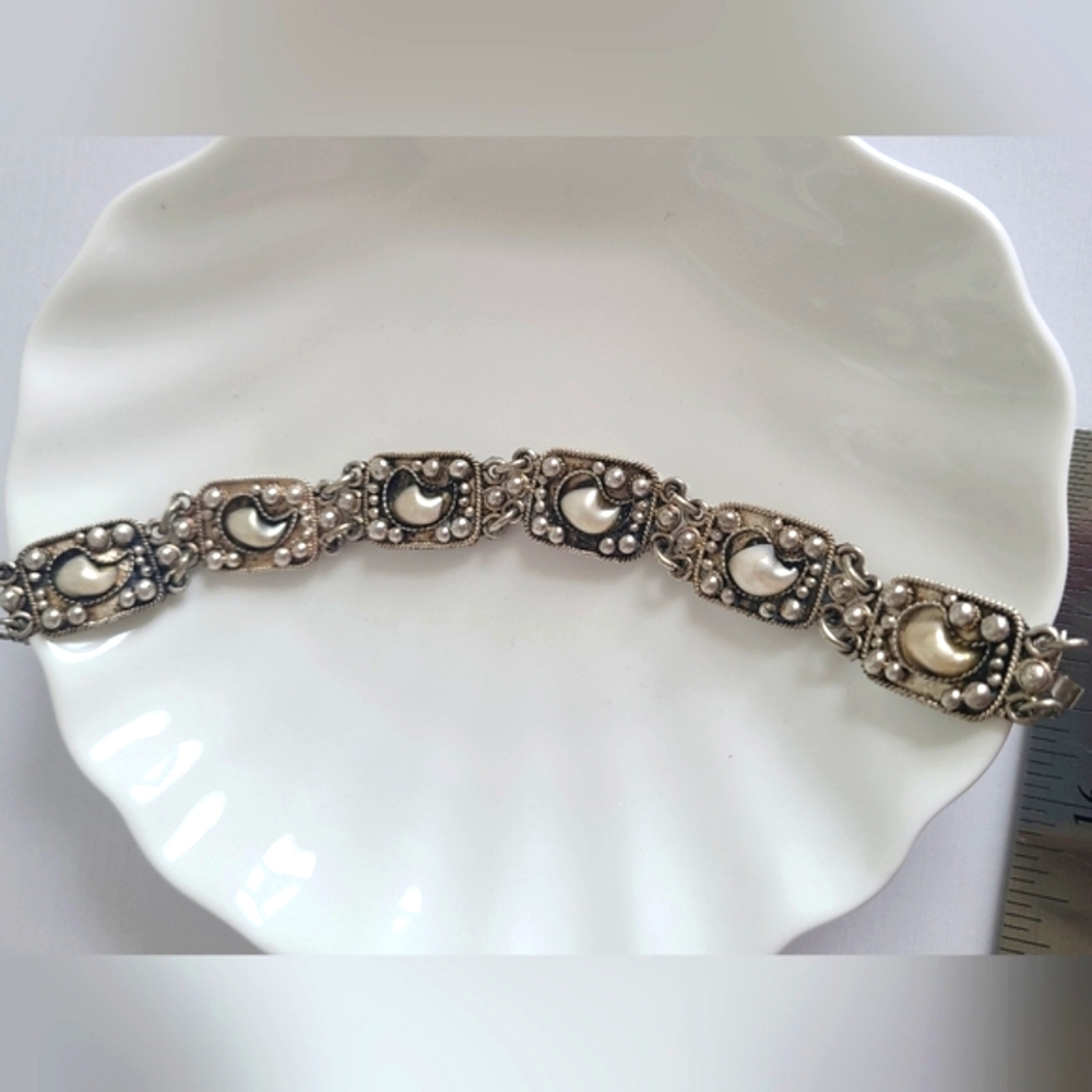 Vintage Boho Sterling Silver Pearl Shell Intricate Chain Link Bracelet